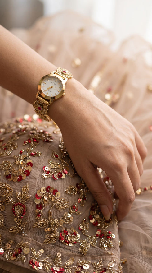 Gold with Red and White Accents Cz Floral Watch detail, Cunei India