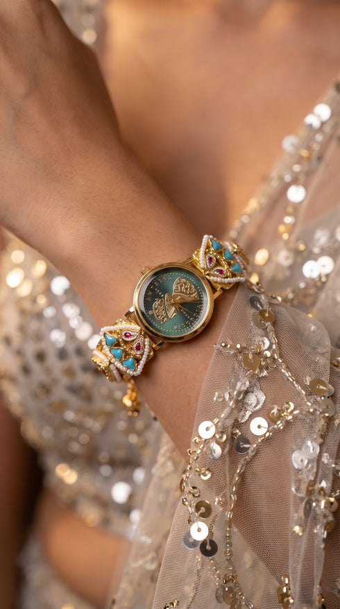 Gold Turquoise and Red Pearl Ethnic Bracelet Watch side view, Cunei India
