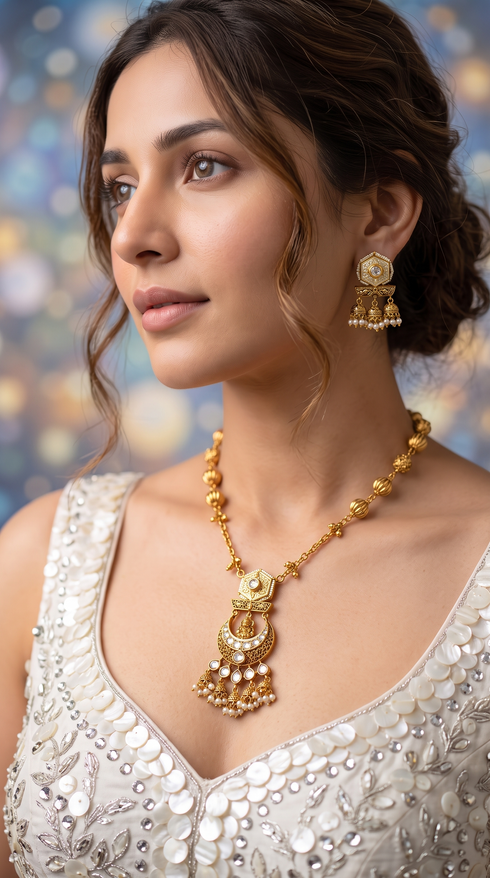Gold and White CZ Crescent Moon Pendant Necklace Set