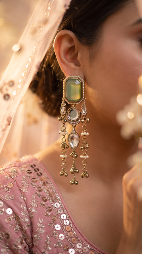 Green and Clear Cz Cascading Hanging Earrings product photo, Cunei India