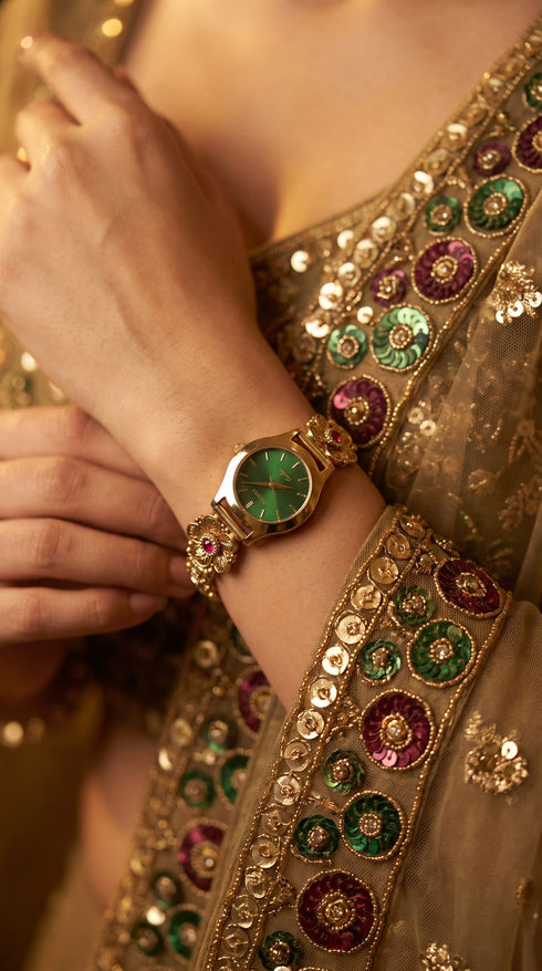 Green Dial with Red and White Accents Cz Floral Wrist Watch side view, Cunei India