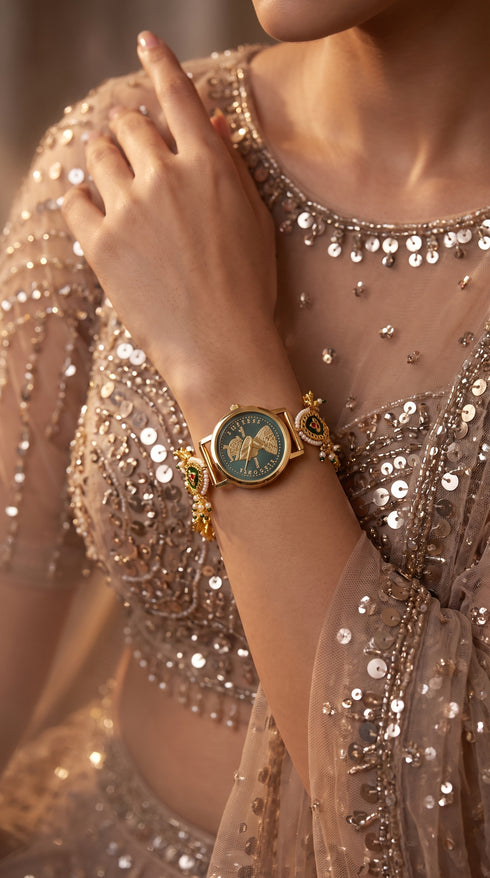 Green and Gold Enamel Ethnic Bracelet Watch detail, Cunei India