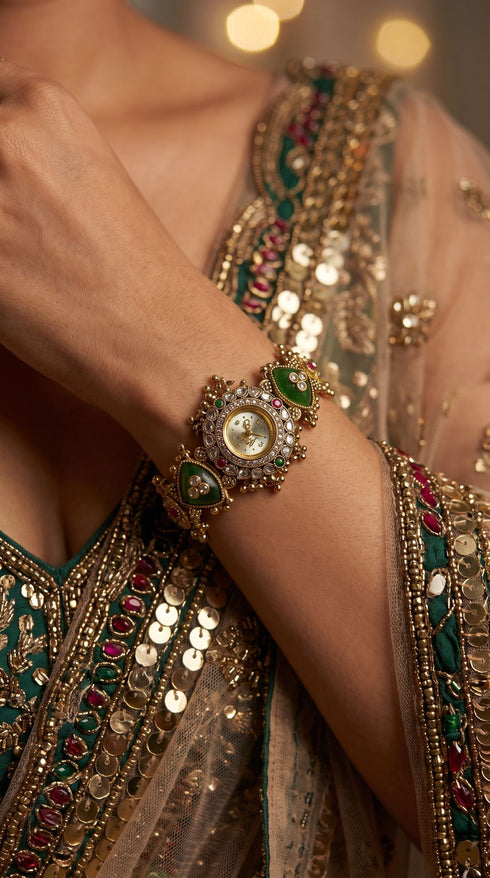 Green and Red Cz Ethnic Bracelet Watch detail, Cunei India