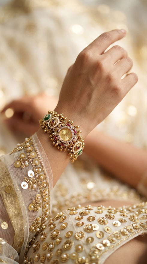 Green and Red Floral Motif CZ Pearl Watch for Women, for women, Cunei India