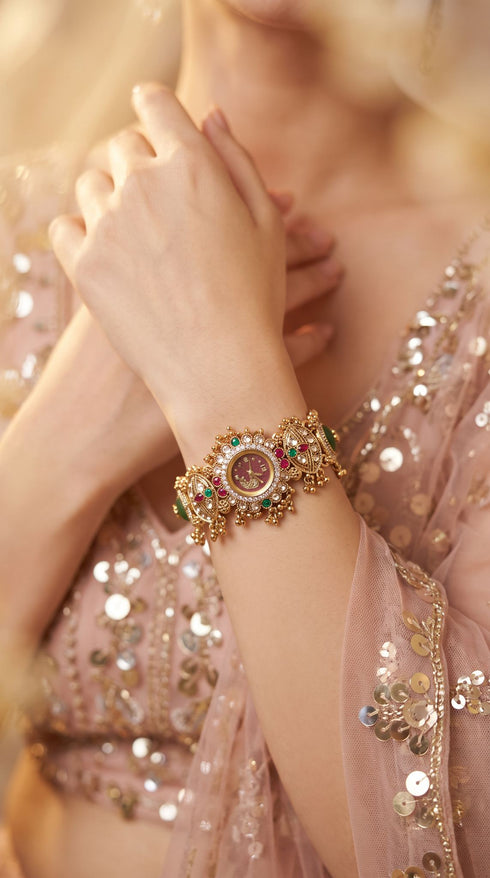 Green and Red Multi Stone Studded CZ Watch for Women, for women, Cunei India