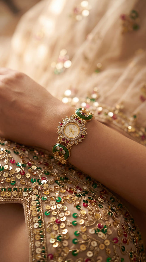Green and Red Cz Ethnic Bracelet Watch product photo, Cunei India