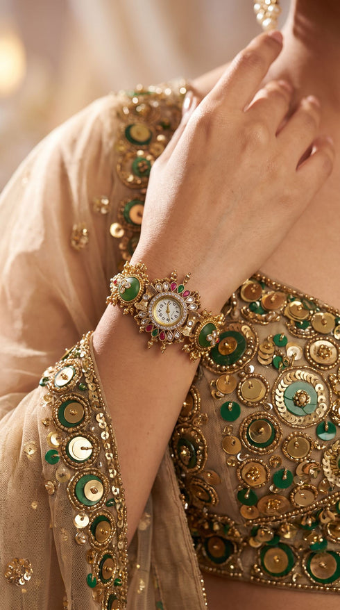 Green, Red, and White Cz Ethnic Bracelet Watch side view, Cunei India