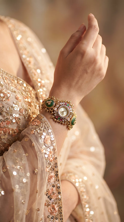 Green, Red and White Ornate Stone CZ Crystal Watch for Women, for women, Cunei India