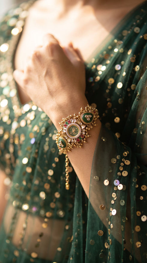 Green, Red and White Three-Tiered CZ Kundan Enamel Watch for Women, for women, Cunei India