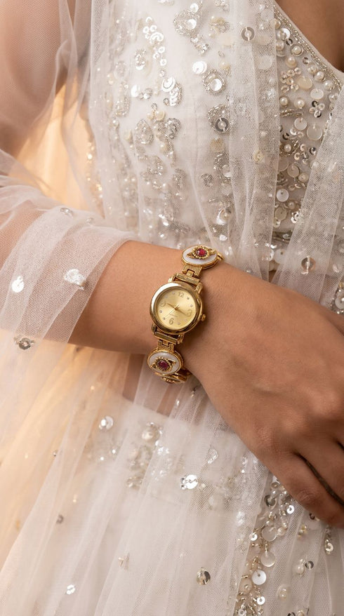 Heritage Beaded Red Oval Golden Dial Kundan Watch for Women
