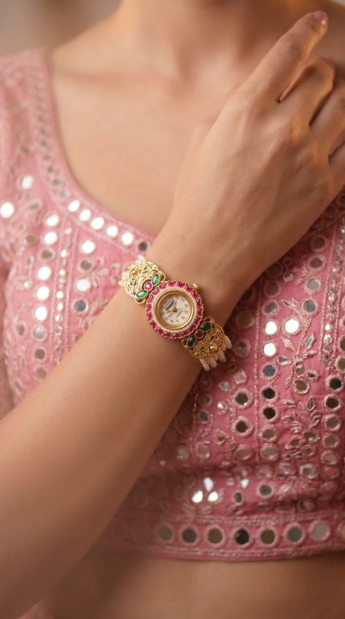 Heritage Ranisa Pink Border Beaded Rajwadi Watch for Women