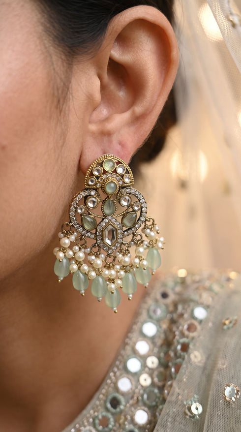Kundan and Pearl Drop Dangle Earring with Mint Stones for women, Cunei India