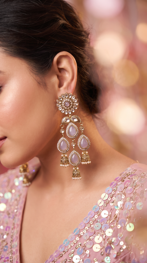 Lavender and Clear Kundan Cascading Dangling Earrings side view, Cunei India