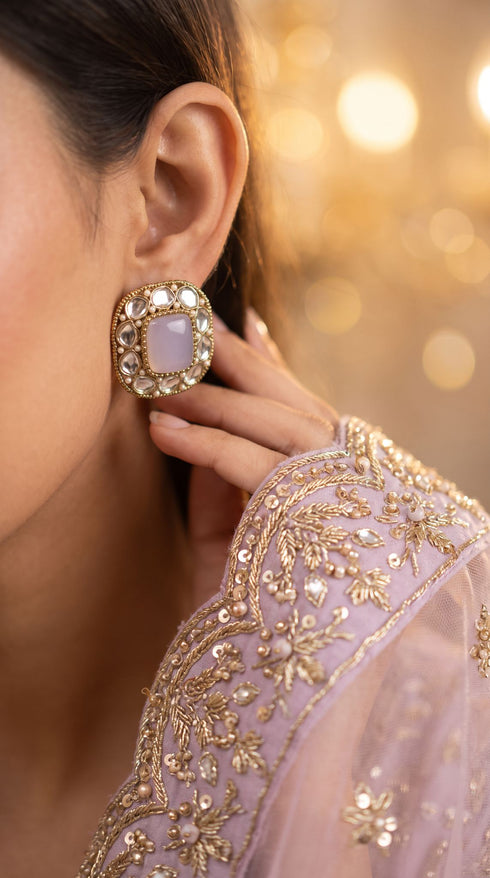 Lavender and Clear Polki Square Stud Earrings side view, Cunei India