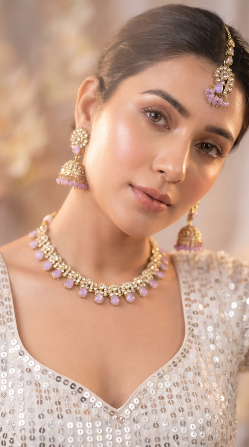 Lavender and White Three Piece Crystal Floral Motif Necklace Set