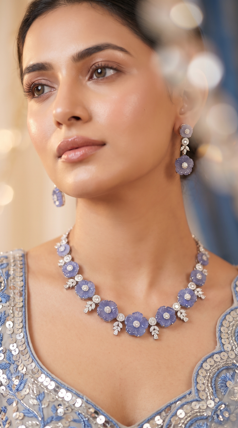 Lavender and White Floral Cz Necklace Set for Women, Cunei India