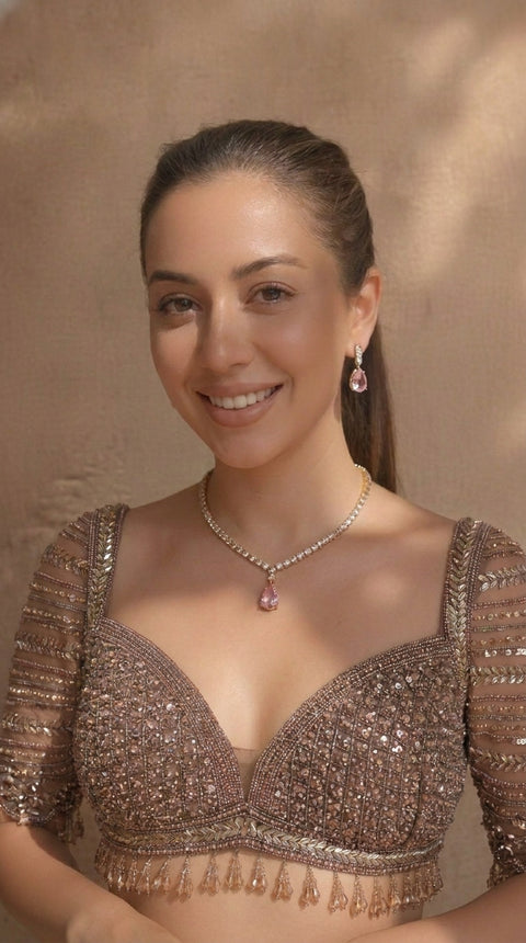 Light Pink & Gold Necklace Earrings Set for Women - Party & Wedding Wear