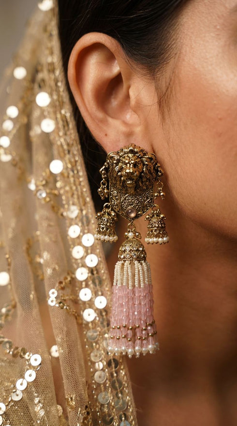 Light Pink Royal Lion Jhumka Dangling Earrings for women, Cunei India