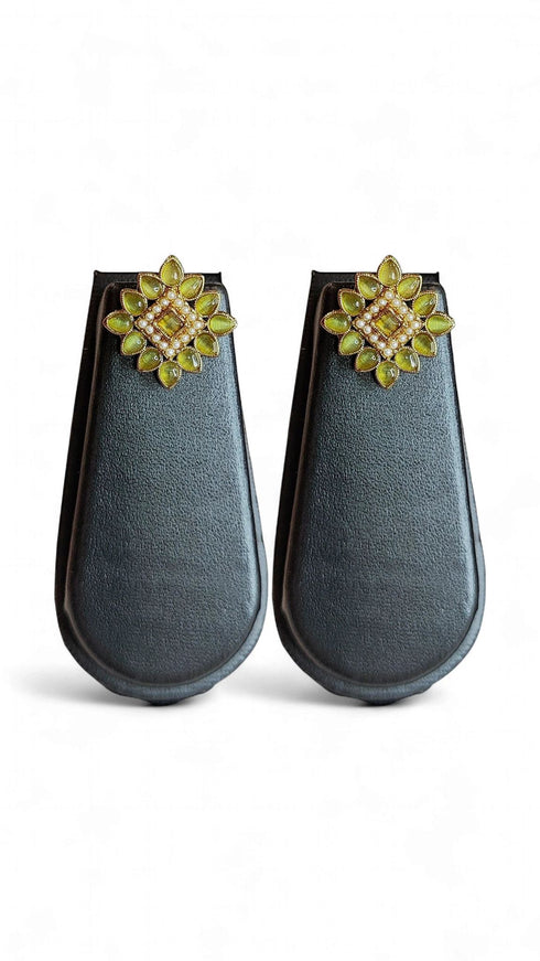 Lime Green and White Pearl Floral Stud Earrings for women, Cunei India