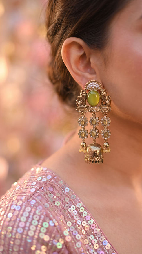 Lime Yellow and White Pearl Cascading Jhumka Earrings side view, Cunei India