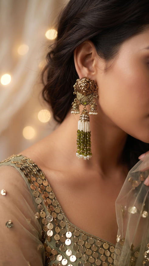 Mehendi Green Royal Lion Jhumka Dangling Earrings for women, Cunei India