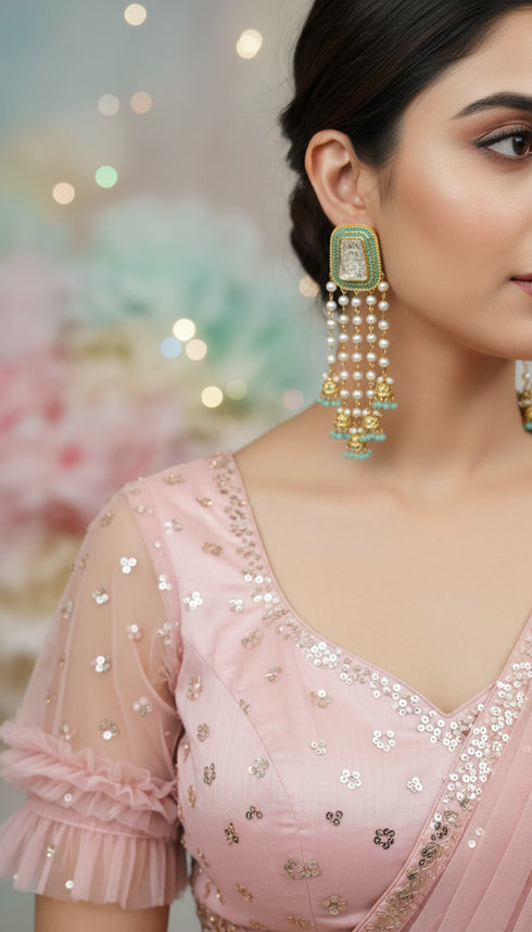 Mint cascading pearl strand jhumkas for women, Cunei India