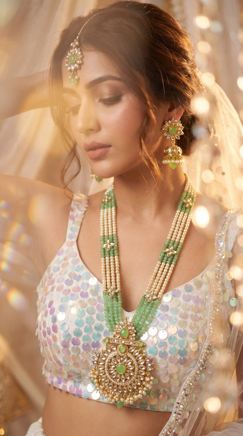 Mint Green and Gold Multi Strand Pearl Bead Long Necklace Set, Cunei India