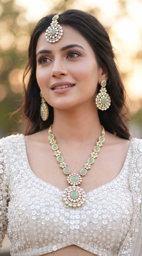 Mint Green and Gold Three Piece Oval Kundan Cluster Necklace Set - view 3