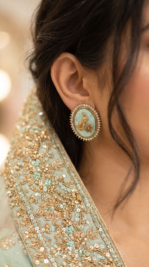 Mint Green and Gold Cz Peacock Brooch detail, Cunei India