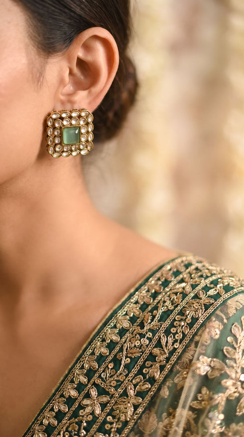 Mint Green Kundan Square Stud Earrings detail, Cunei India