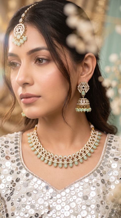 Mint Green Three Piece Crystal Drops Necklace Set