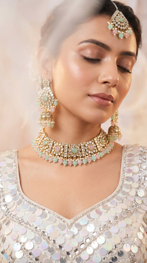 Mint and Pink Kundan Drops Necklace Set, Cunei India