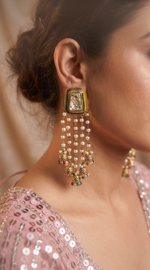 Multi-Color Pearl Cascading Hanging Earrings detail, Cunei India