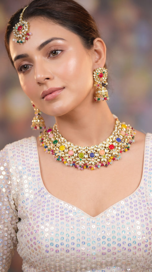 Multi-Color Kundan Meenakari Floral Necklace Set, Cunei India