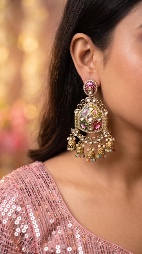 Multi-Color Kundan Ethnic Hanging Earrings product photo, Cunei India