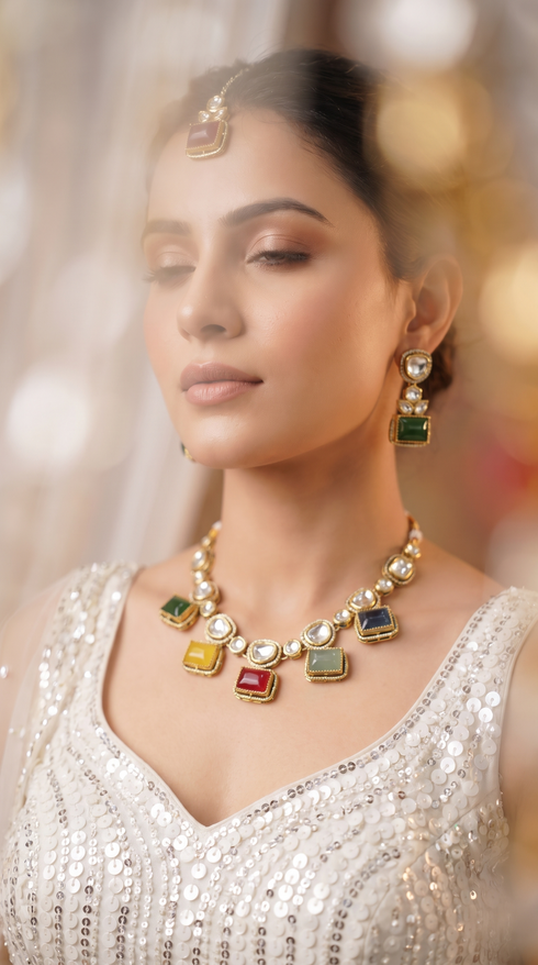 Multi Color Three Piece Square Kundan Drops Necklace Set