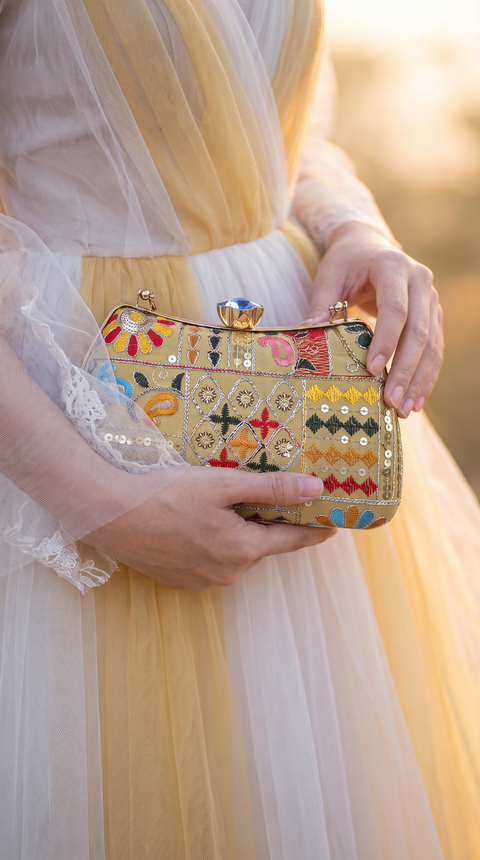 Light Yellow Patchwork Chain Strap Clutch Bag