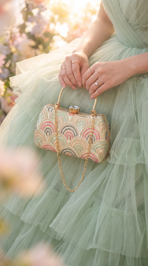 Light Green Embroidered Chain Strap Clutch Bag