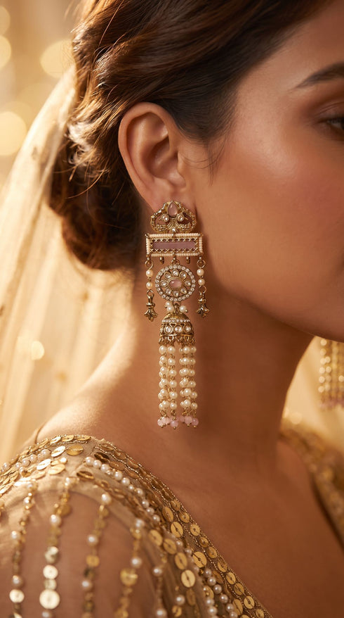 Pastel Pink Ethnic Jhumka with Pearl Beads for women, Cunei India