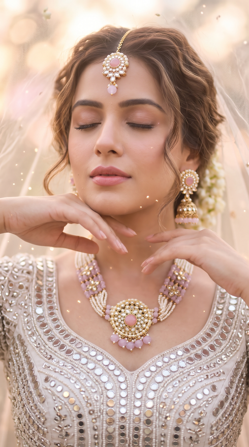 Pink and White Three Piece Floral Kundan Enamel Necklace Set