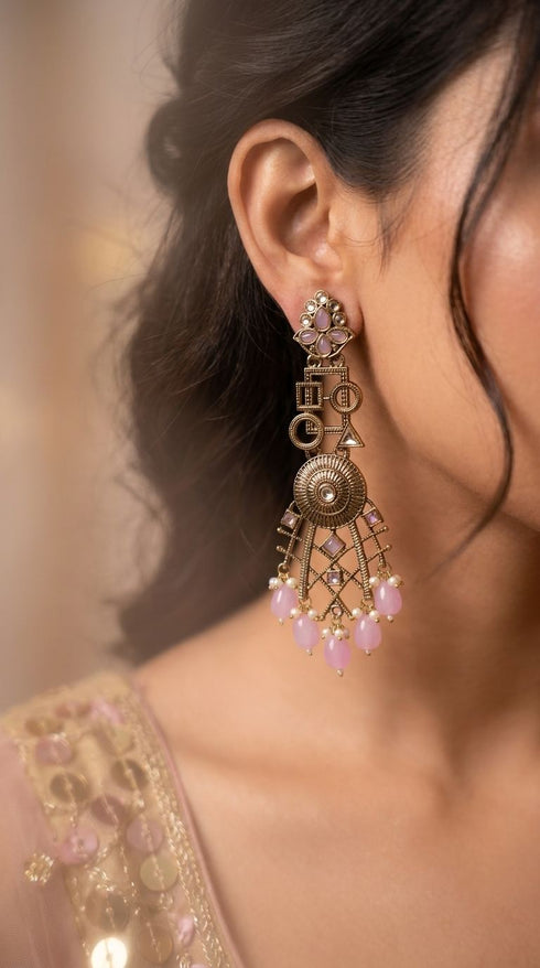 Pink geometric hanging earrings for women, Cunei India