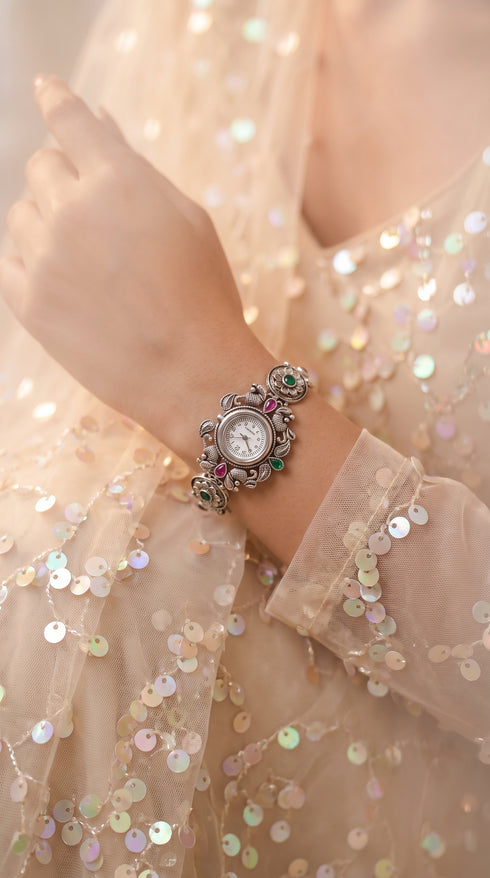 Pink and Green Crystal Peacock Wrist Watch detail, Cunei India