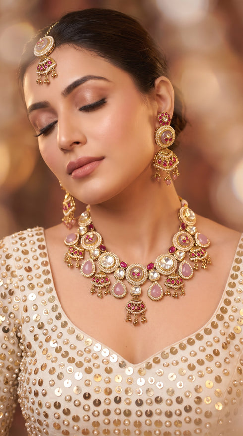 Pink and Red Kundan Drop Heritage Clusters Necklace Set, Cunei India