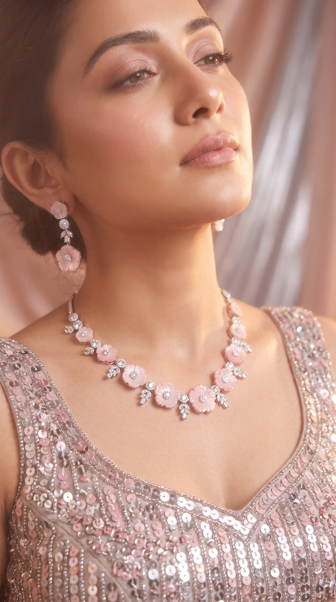 Pink and White Enamel Flower Clusters Cz Floral Necklace Set for Women, Cunei India
