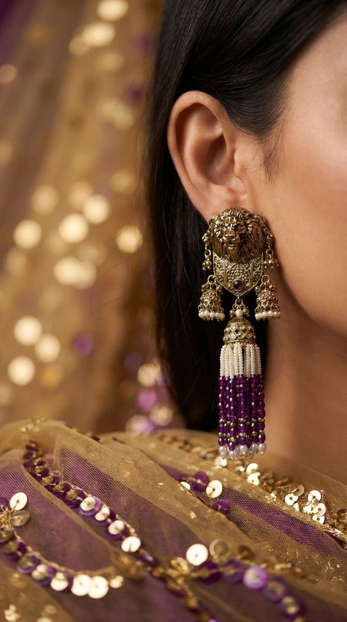 Purple Royal Lion Jhumka Dangling Earrings for women, Cunei India