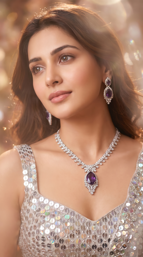 Purple and White Amethyst Teardrop Pendant Cz Necklace Set for Women, Cunei India