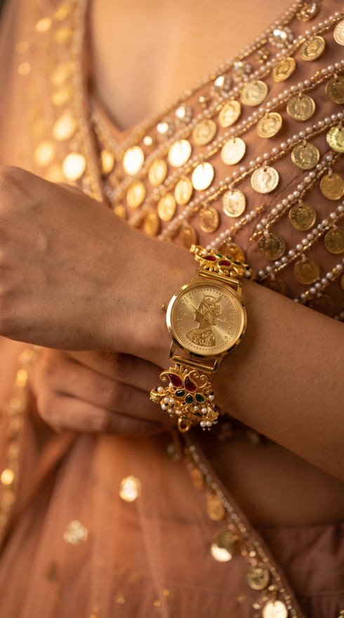 Red and Green Enamel Floral Bracelet Watch detail, Cunei India