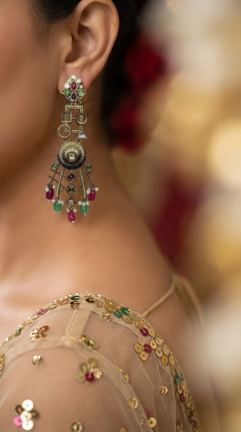 Red green geometric hanging earrings for women, Cunei India