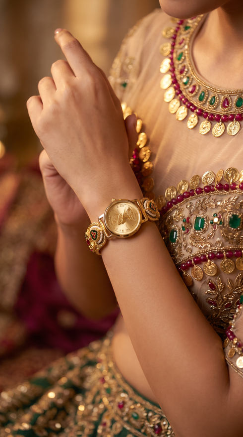 Red Green Gold Enamel Ethnic Bracelet Watch for women, Cunei India