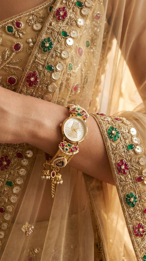 Imperial Red and Green Peacock Motif Pearl Enamel Watch, for women, Cunei India